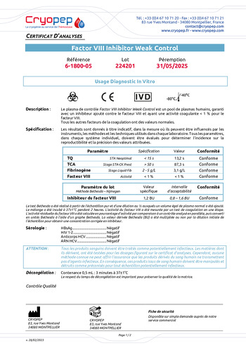 Présentation Certificat d'analyses Factor VIII Inhibitor Plasma Weak Control